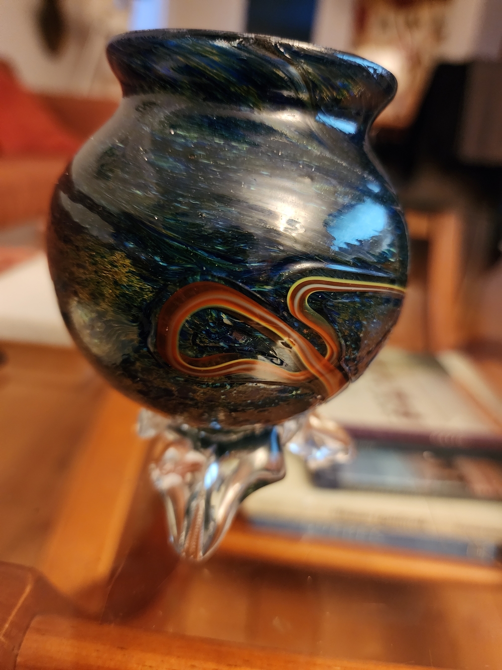 Murano Style Mini Small Glass Footed Vase Blue Green Swirl 4" Vintage Heavy